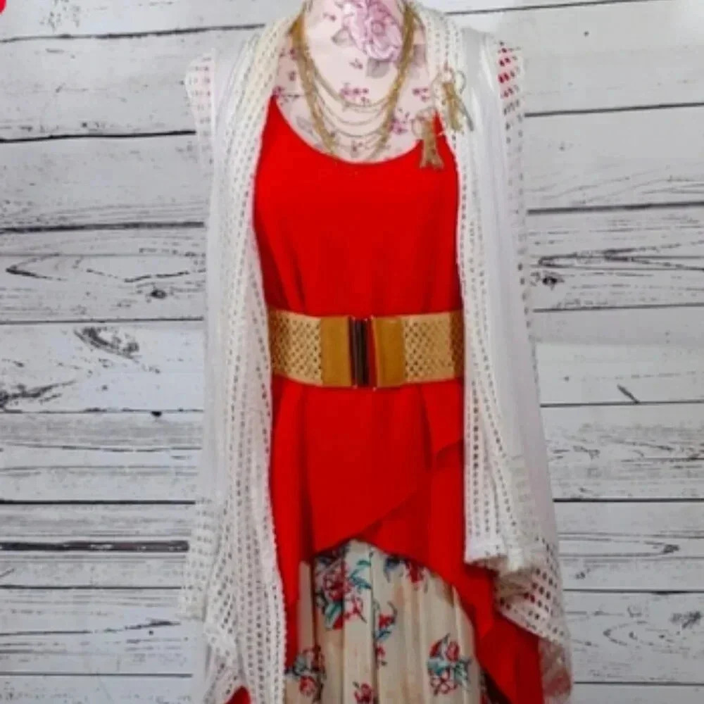 Red Short Sleeve Asymmetrical Hemline Blouse / Dress By West K